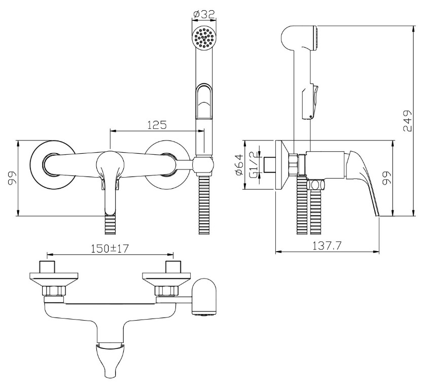Гигиенический душ Rossinka Y25-52 со смесителем, хром
