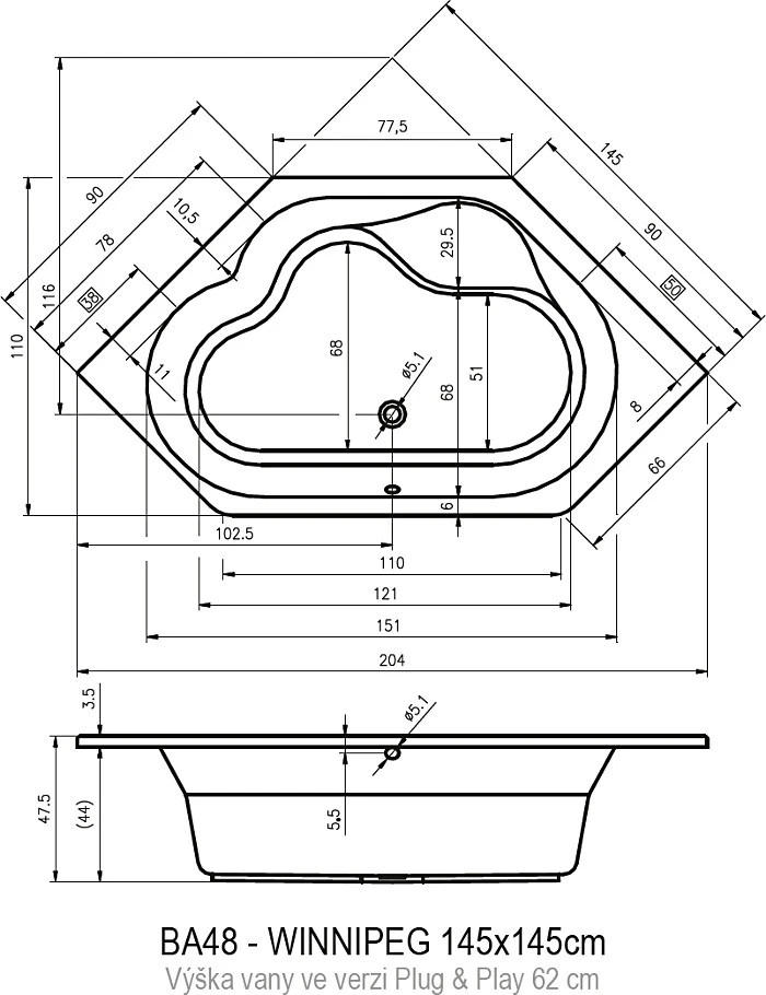 Акриловая ванна RIHO 145x145 B010011005 белая глянцевая