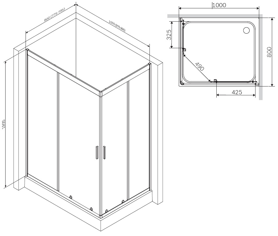 Душевой уголок AM.PM Gem 100x80см W90G-404-100280-MT профиль хром, стекло прозрачное