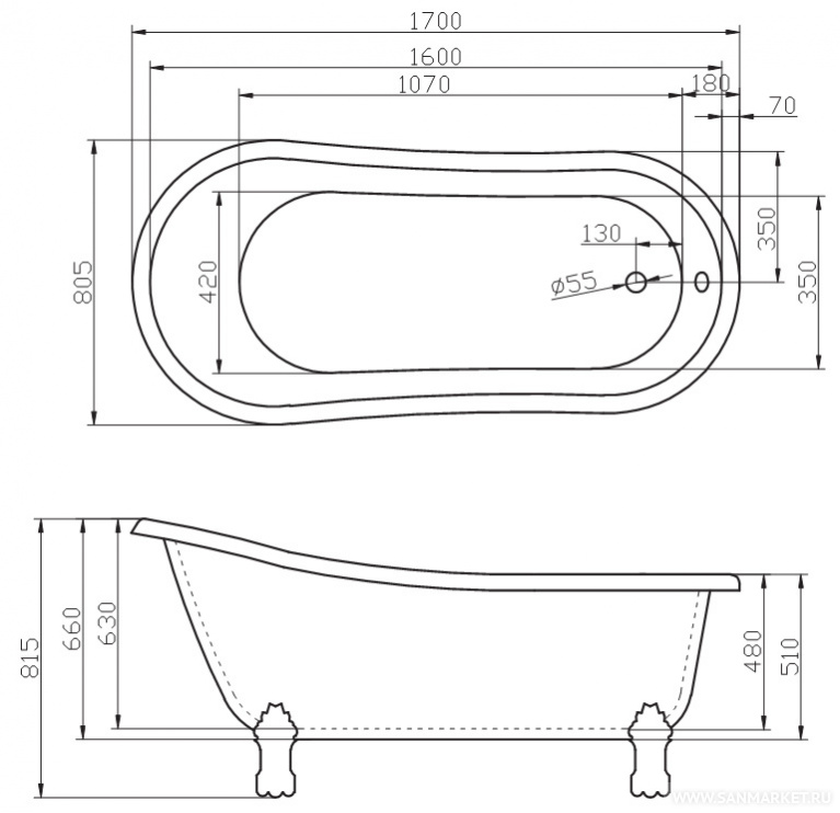 Акриловая ванна BelBagno 170x80,5x81,5 BB04 белая глянцевая