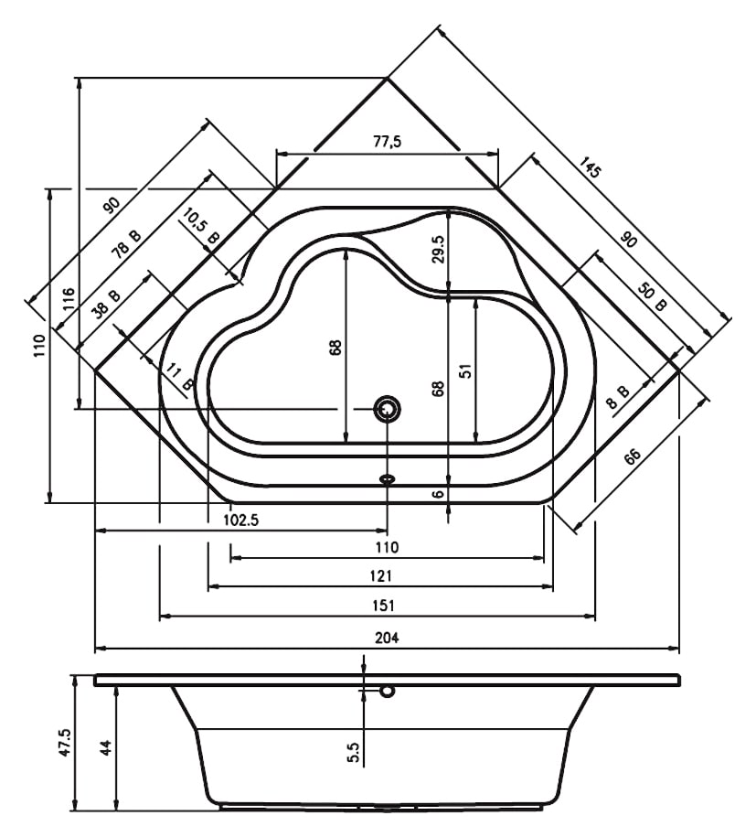 Акриловая ванна RIHO 145x145 B010001005 белая глянцевая