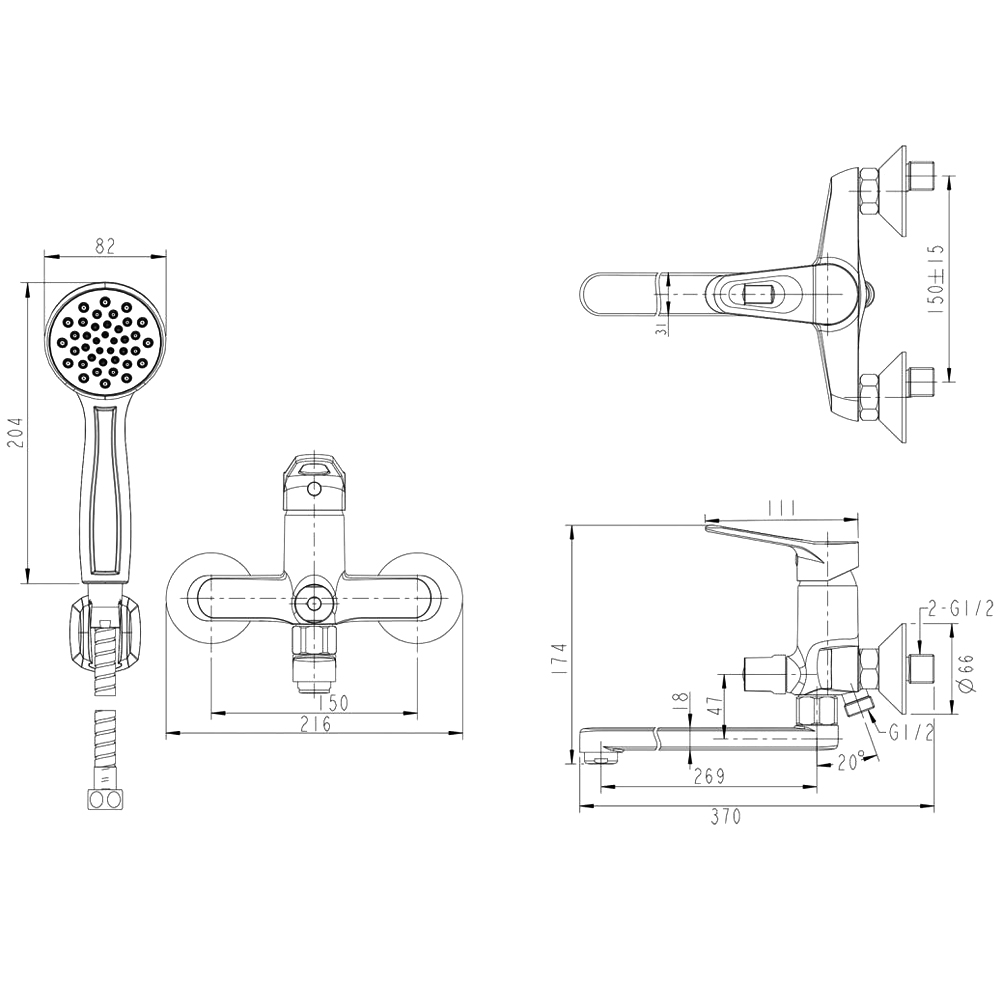 Смеситель для ванны с душем Bravat OPAL F6125183CP-02L-RUS хром