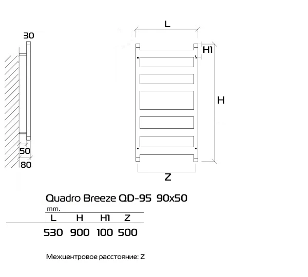 Полотенцесушитель Приоритет Quadro Breeze 90x50 9005M KTX4MS слева 
