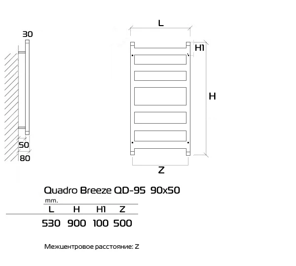 Полотенцесушитель электрический Приоритет Quadro Breeze 90x50 см 9005M KTX4MS левый