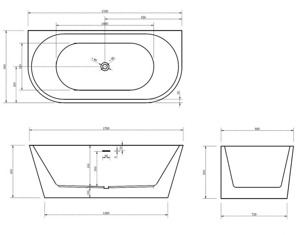 Акриловая ванна ABBER 170x80 AB9216-1.7 белая глянцевая