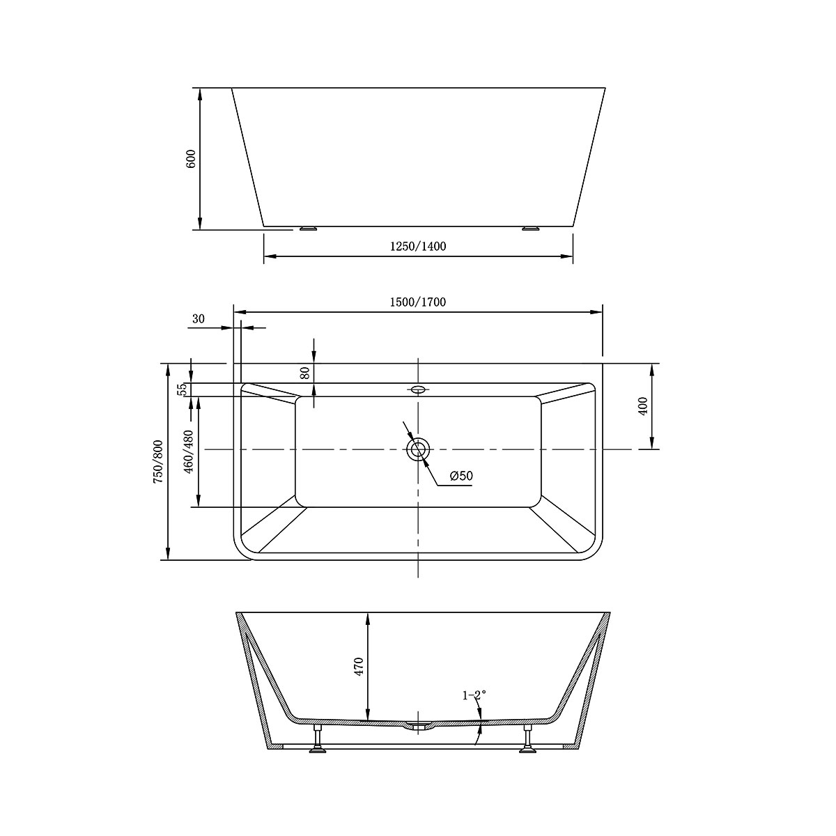 Акриловая ванна Vincea 170x85 VBT-404-1700 белая глянцевая