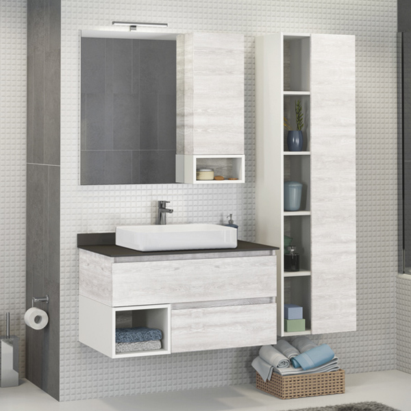 Тумба с раковиной Comforty Прага 90 00-00003828 дуб белый, с антрацитовой столешницей