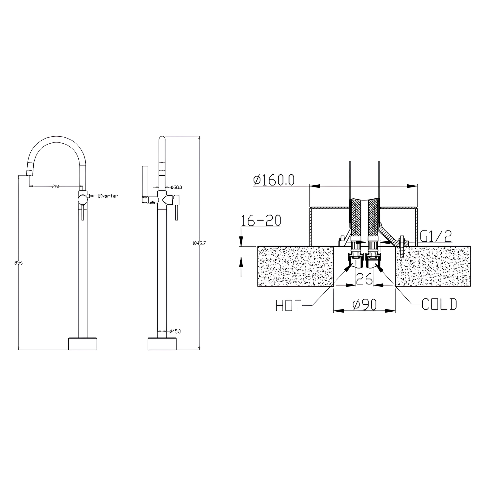 Напольный смеситель для ванны с душем Boheme Uno BLACK 469-B (229-B) черный матовый