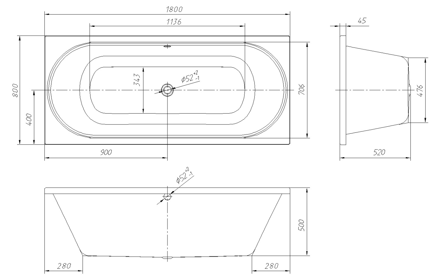 Акриловая ванна AM.PM Bliss L 180x80 W53A-180-080W-ARB белая глянцевая