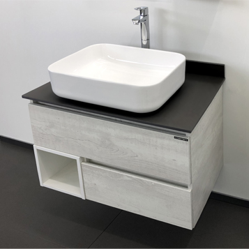 Тумба с раковиной Comforty Прага 75 00-00004198CF дуб белый, с антрацитовой столешницей