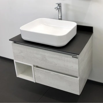 Тумба с раковиной Comforty Прага 75 00-00004198CF дуб белый, с антрацитовой столешницей