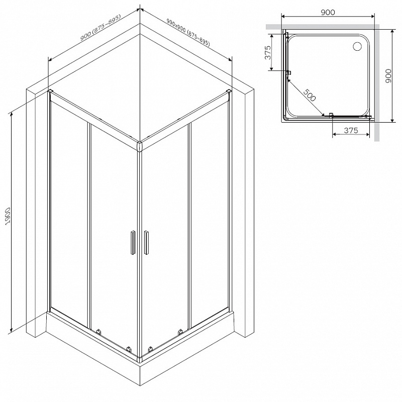 Душевой уголок AM.PM Gem 90x90см W90G-403-090MT профиль хром, стекло прозрачное