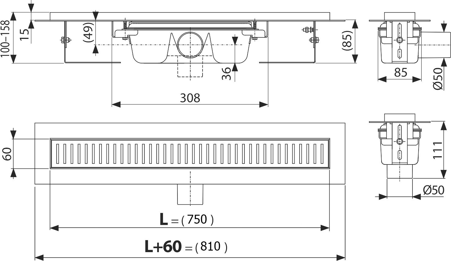 Душевой лоток AlcaPlast APZ1 750 с опорами, хром