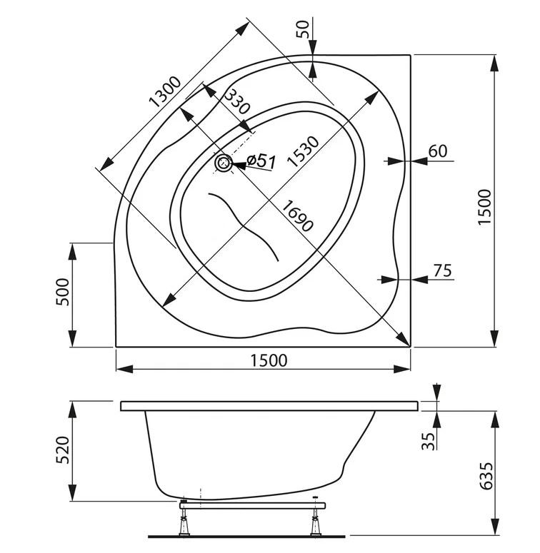 Акриловая ванна Vagnerplast Plejada 150x150 VPBA150PLE3X-04 белая глянцевая