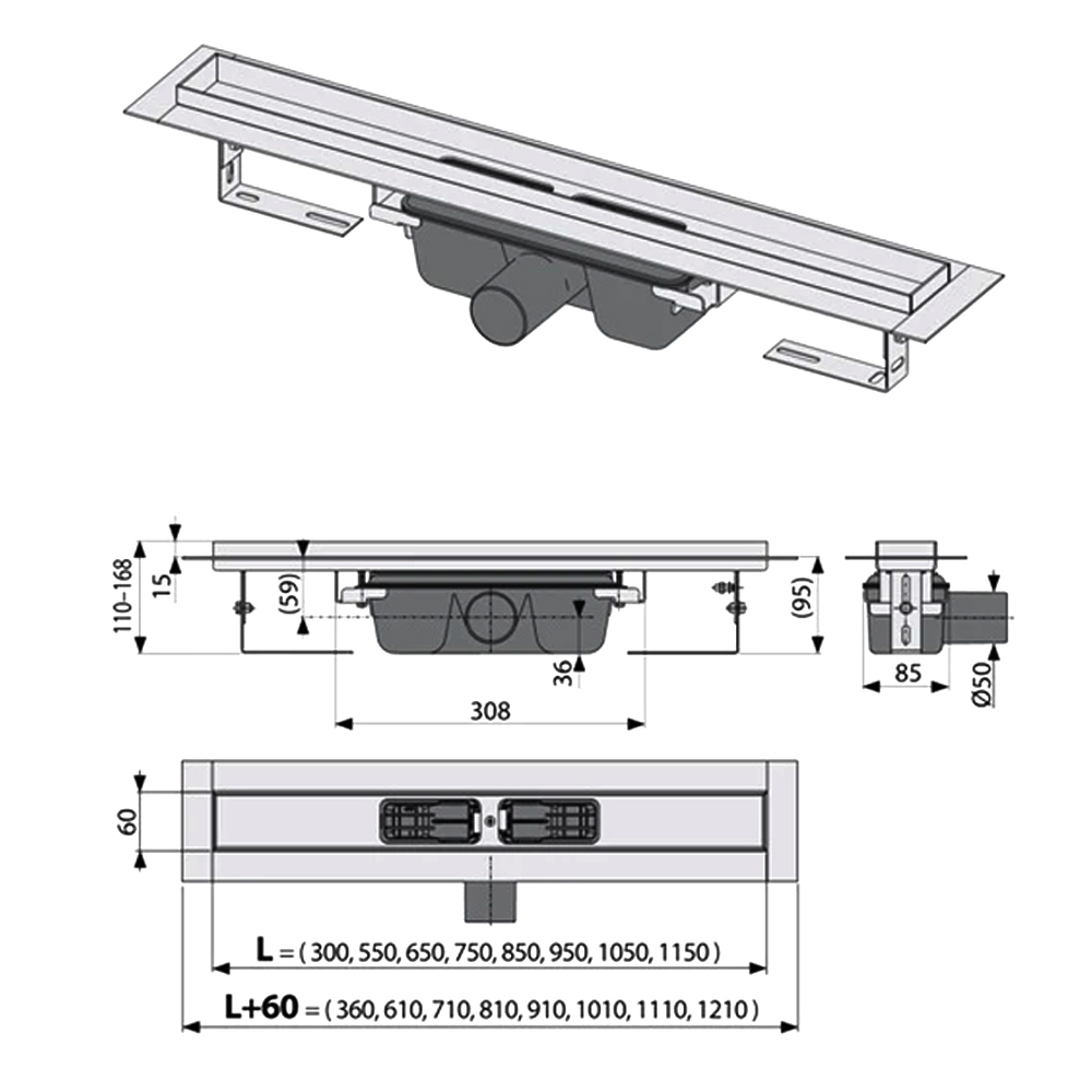 Душевой лоток AlcaPlast APZ6 1150 с опорами, хром