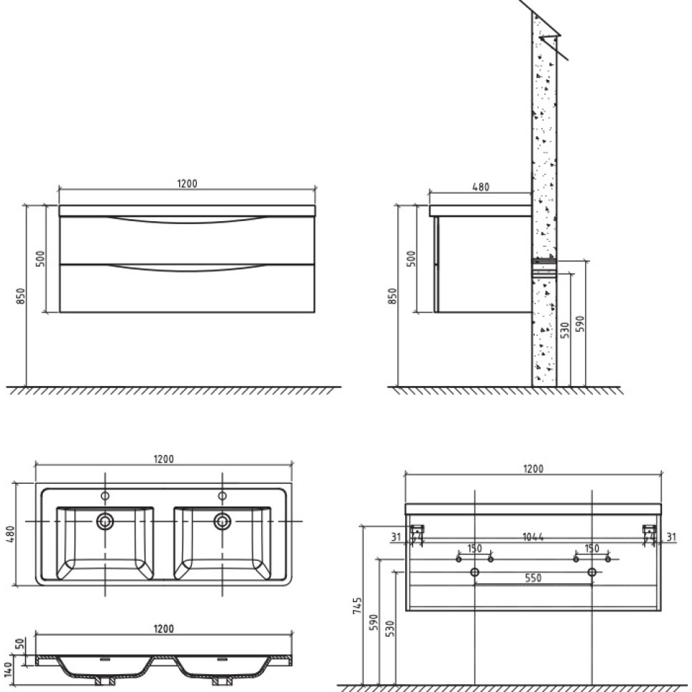 Тумба с раковиной многосекционной BelBagno ANCONA-N-1200-2C-SO-2-BL