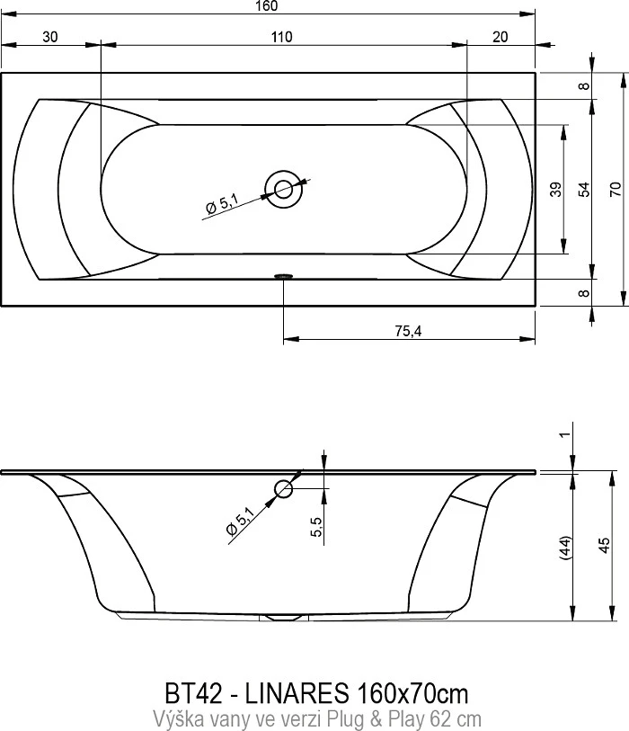 Акриловая ванна RIHO 160x75 B140007005 белая глянцевая