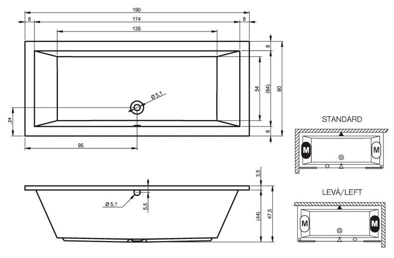 Акриловая ванна Riho Lusso 190x80 B015001005 без опоры, белая глянцевая