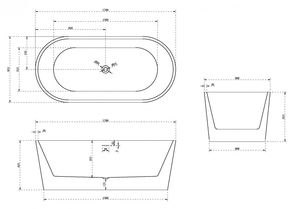 Акриловая ванна ABBER 170x80 AB9209MB черная матовая