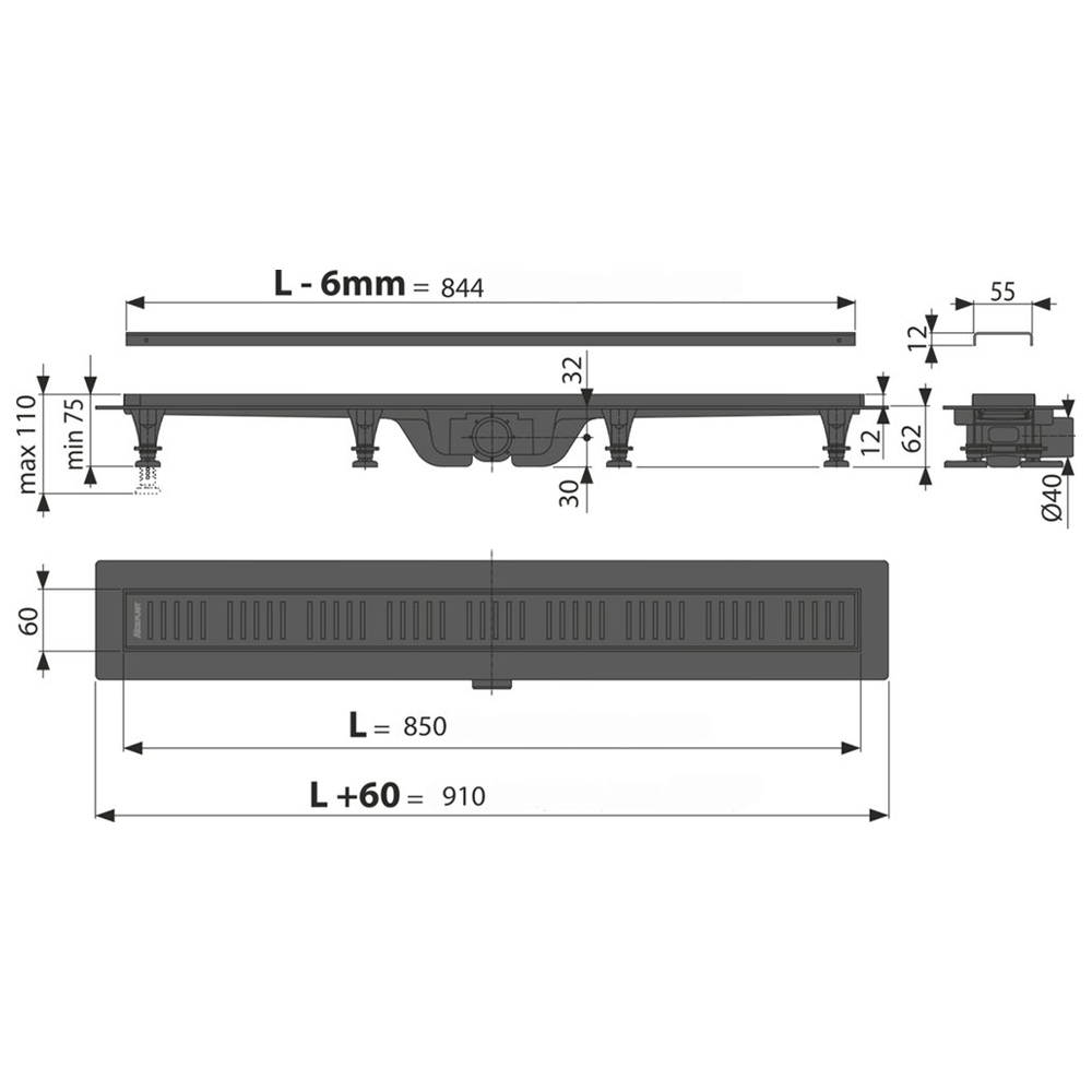 Душевой лоток AlcaPlast APZ10BLACK 850 с решеткой и опорами, черный