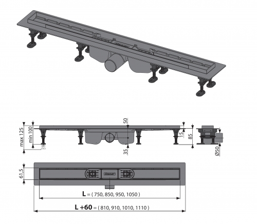 Душевой лоток AlcaPlast Optima APZ12-750 с опорами, хром