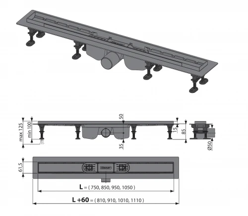 Душевой лоток AlcaPlast Optima APZ12-750 с опорами, хром
