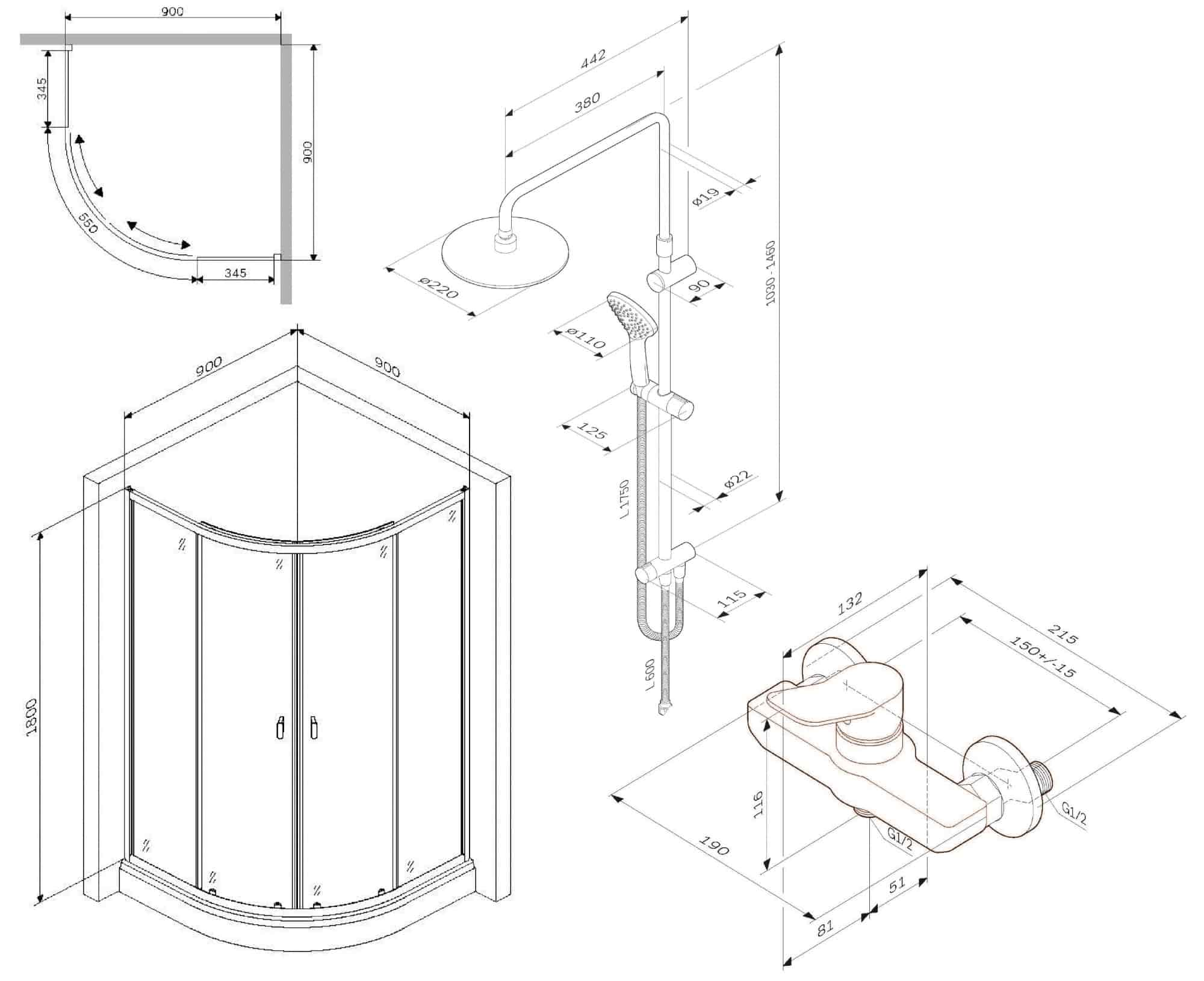 Душевой уголок AM.PM X-Joy 90x90 WK88СI профиль черный, стекло прозрачное