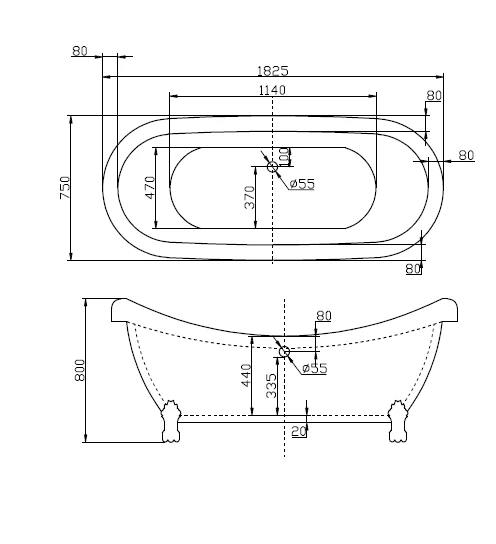 Акриловая ванна BelBagno 182,5x75x80 BB05+BB05-SUP ножки хром, белая глянцевая