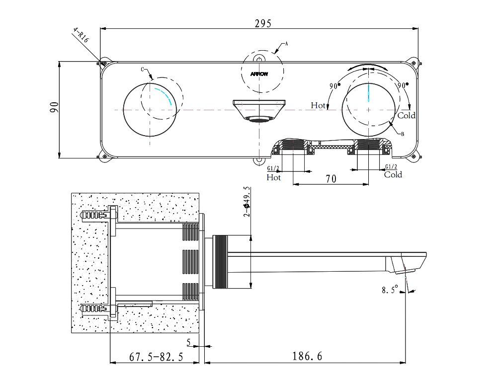 Смеситель для раковины ARROW ARM23872CP с внутренней частью, хром