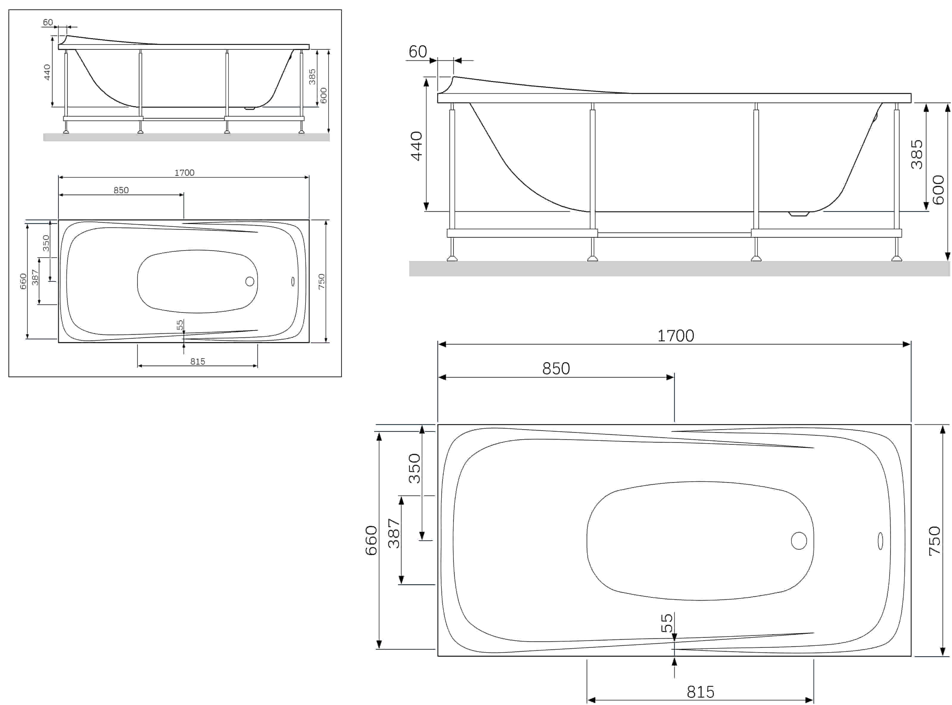 Каркас для ванны AM.PM Sensation W30A-170-075W-R серый