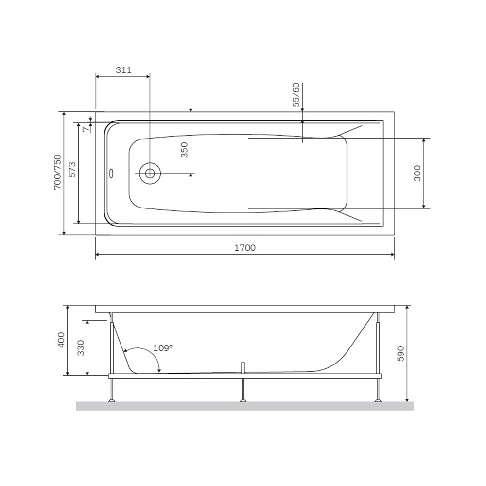 Акриловая ванна AM.PM Gem 170x70 W90A-170-070W-A белая глянцевая