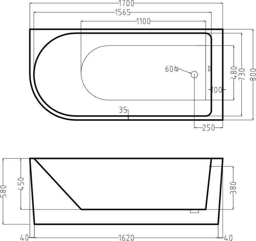 Акриловая ванна ESBANO Afina 170x80 левосторонняя ESVAAFINL белая глянцевая