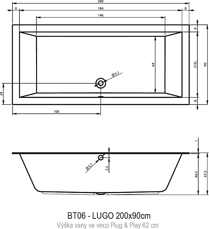 Акриловая ванна Riho Lugo Plug & Play 200x90 L B137015005 белая глянцевая