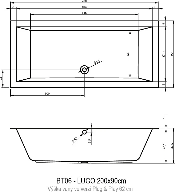 Акриловая ванна Riho Lugo Plug & Play 200x90 L B137015005 белая глянцевая