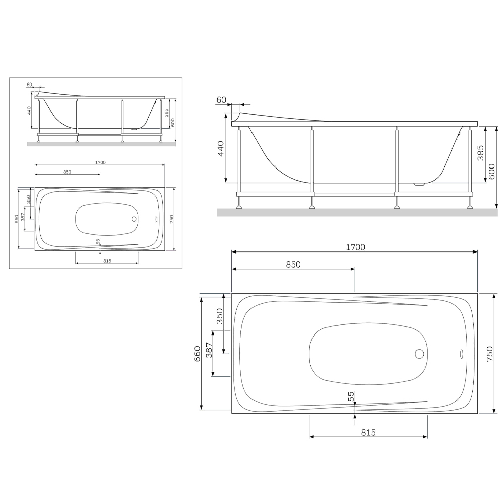 Каркас для ванны AM.PM Sensation W30A-170-075W-R серый