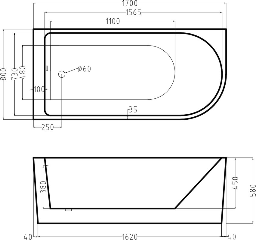 Акриловая ванна ESBANO Afina 170x80 правосторонняя ESVAAFINR белая глянцевая