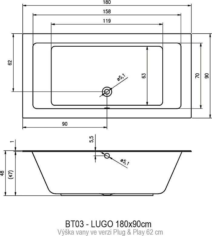 Акриловая ванна Riho Lugo Plug & Play 180x90 R B134014005 белая глянцевая