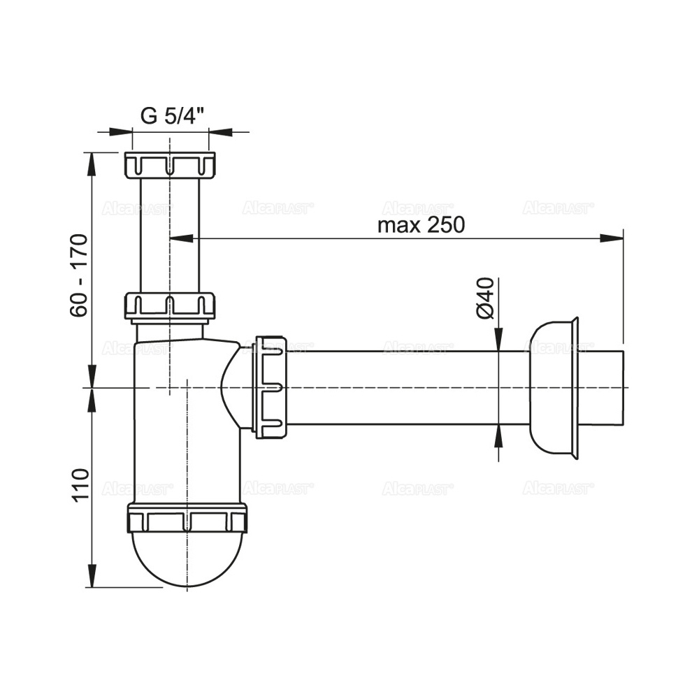 Сифон для раковины Alcaplast A43, DN=40 мм, c накидной гайкой 5/4"