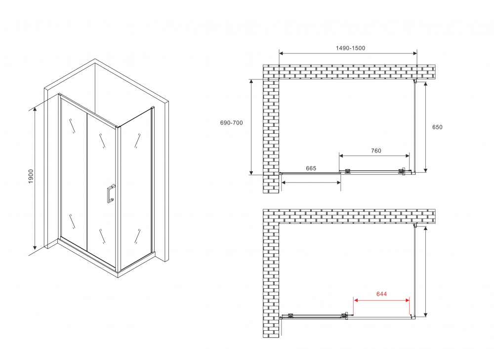 Душевой уголок ABBER Schwarzer Diamant 150x70см AG301505-S705 профиль хром, стекло прозрачное