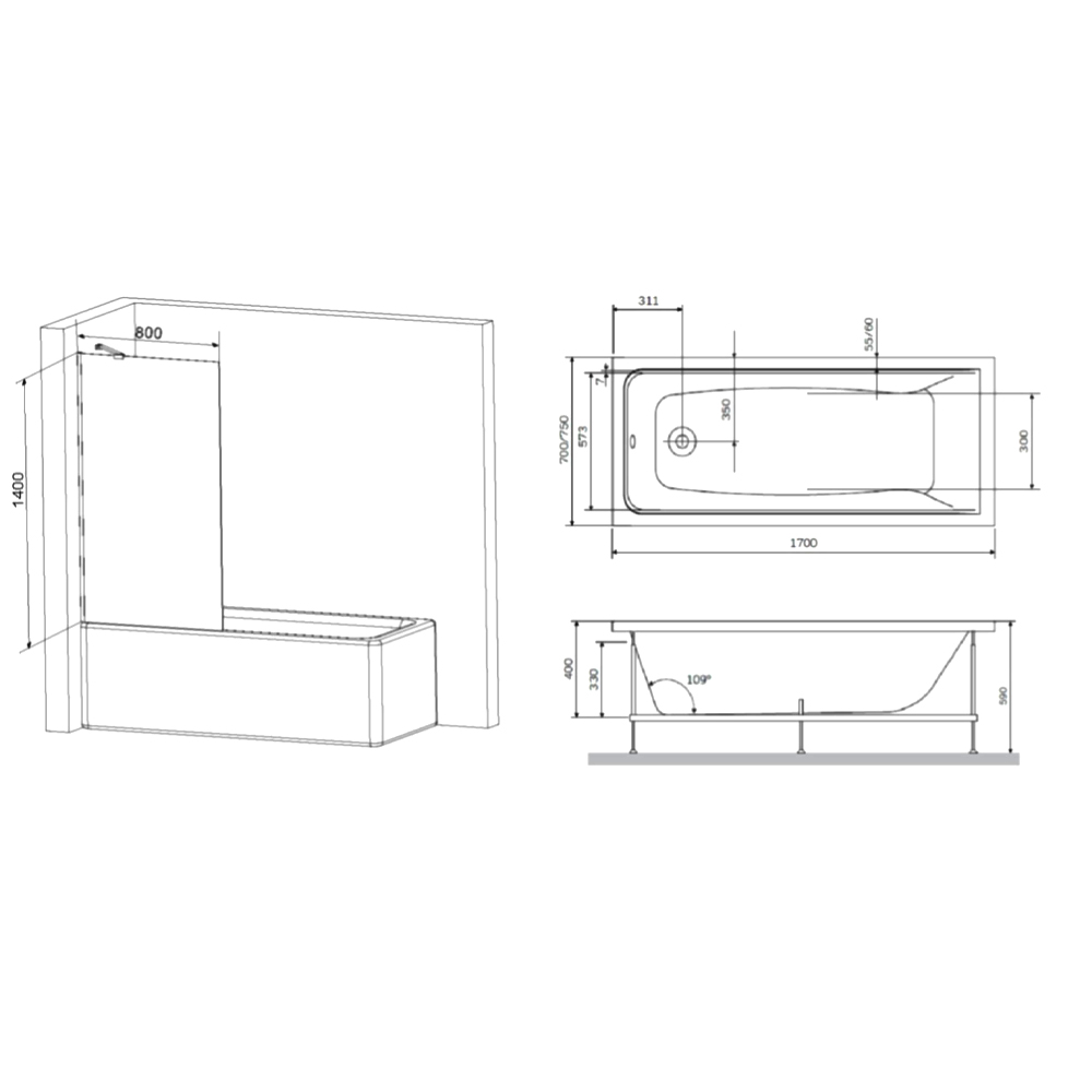 Акриловая ванна AM.PM Gem 170x70 с каркасом и шторкой W90ASET-170W90BS80CT белый, хром