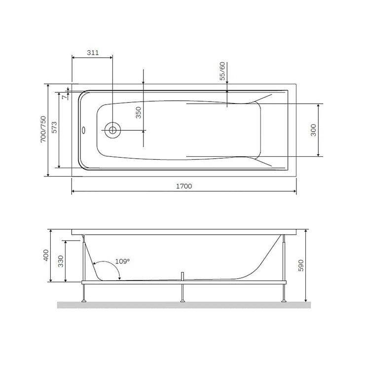 Акриловая ванна AM.PM Gem 170x75 W90A-170-075W-A белая глянцевая