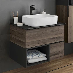Тумба с раковиной Comforty Штутгарт 75 00-00001884CF дуб темно-коричневый, с черной столешницей