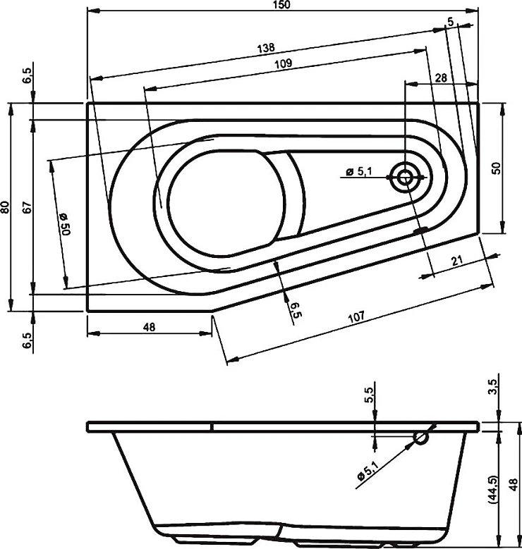 Акриловая ванна Riho Delta 150x80 B066001005 правая, белая глянцевая