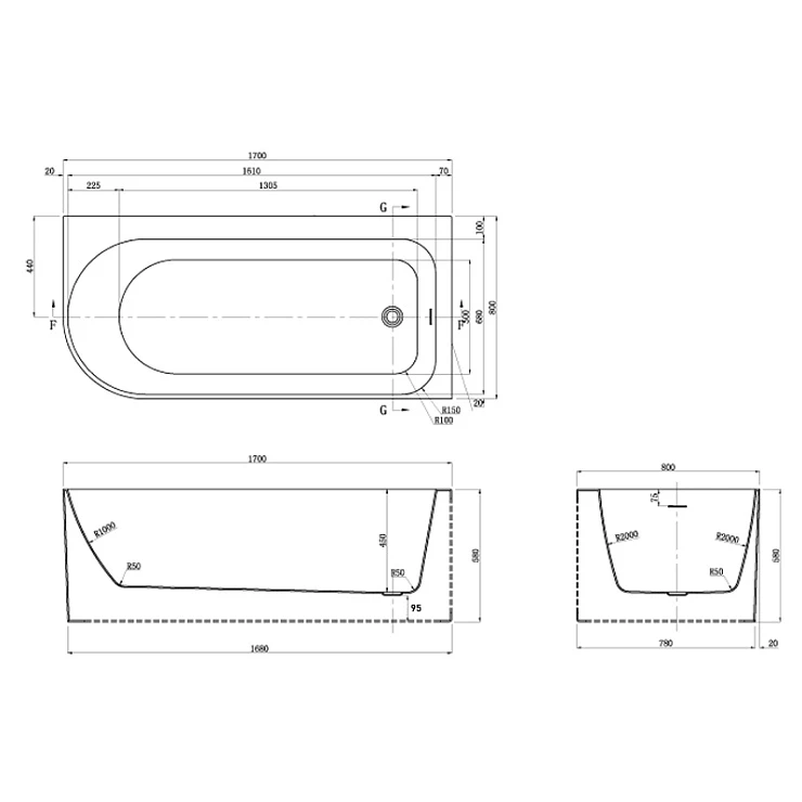 Акриловая ванна Azario LUTON 170x80x58 LUT17080 R белая глянцевая