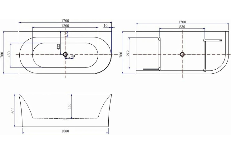 Акриловая ванна Allen Brau Priority 170x78 2.31004.21B/AM антрацит/белый