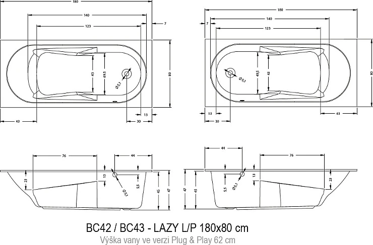 Акриловая ванна Riho Lazy 180x80 B082001005 правая, белая глянцевая