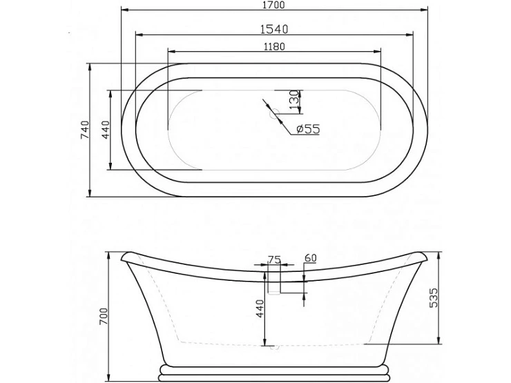 Акриловая ванна BelBagno 170x74x60 BB09 белая глянцевая