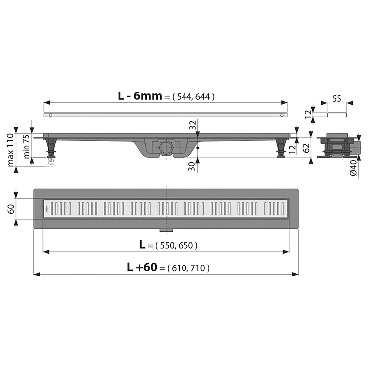 Душевой лоток AlcaPlast APZ10-Simple 550 с решеткой и опорами, хром