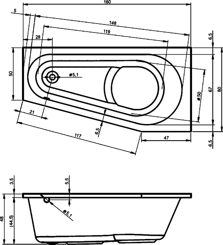 Акриловая ванна Riho Delta 160x80 B069001005 левая, белая глянцевая