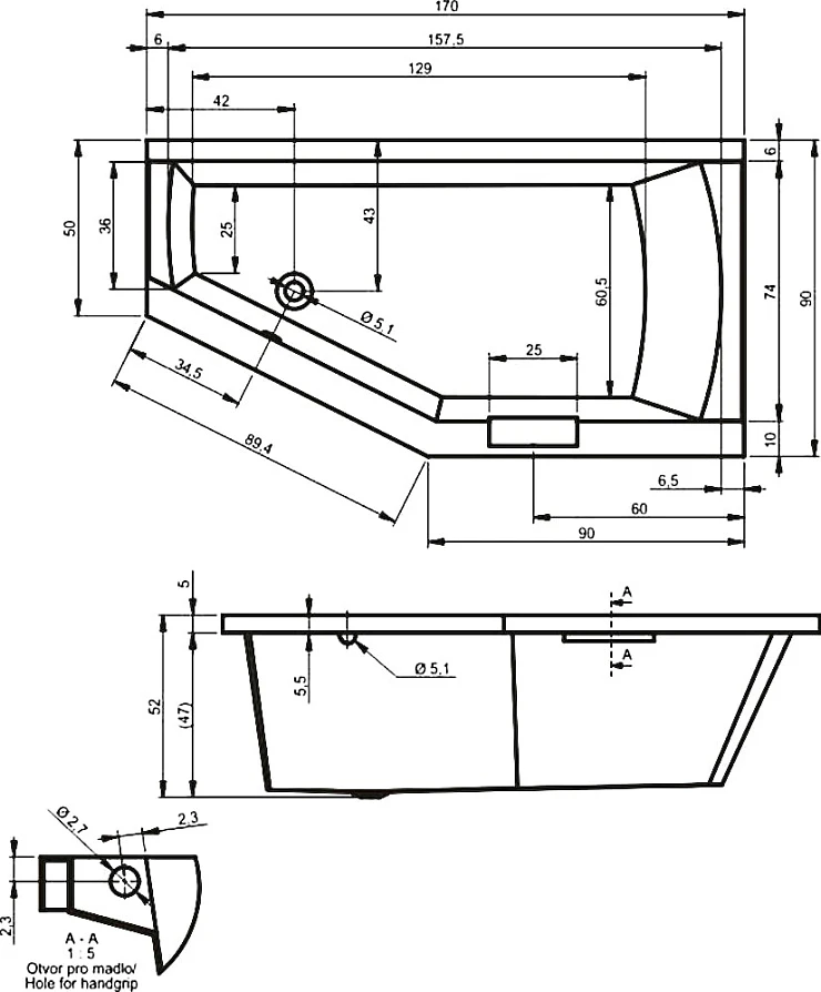 Акриловая ванна Riho Geta 170x90 B032001005 левая, белая глянцевая